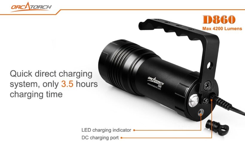 OrcaTorch D860 – 4,200 Lumens High-Performance Diving Torch with Direct Charging