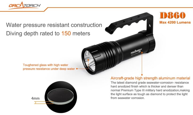 OrcaTorch D860 – 4,200 Lumens High-Performance Diving Torch with Direct Charging