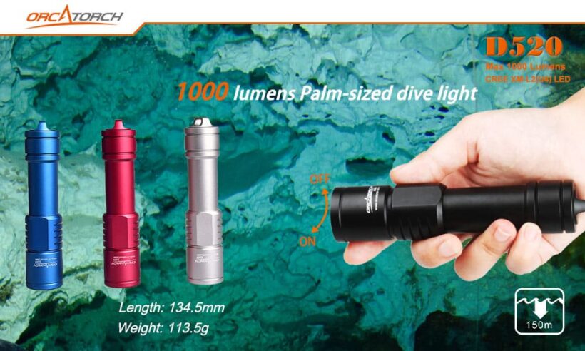 Orcatorch D520 – 1000 Lumens Diving Flashlight with 150 Meters Waterproof Depth