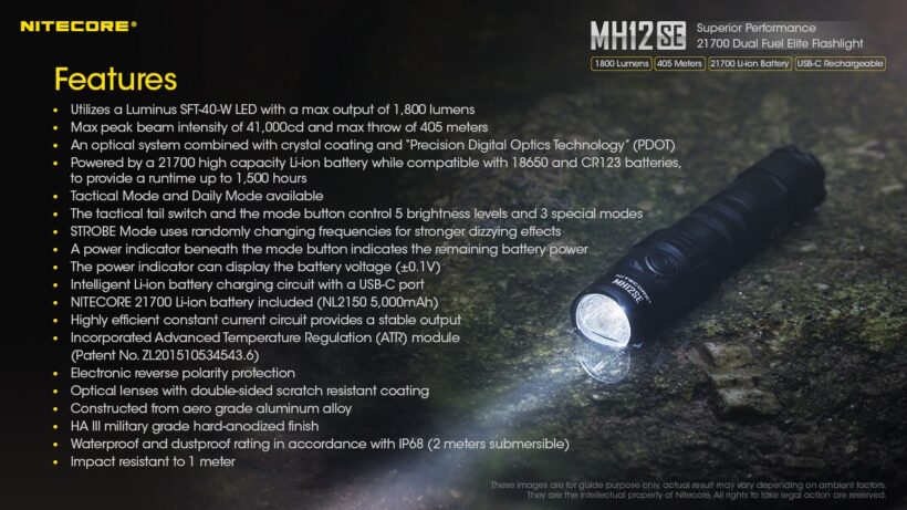 Nitecore MH12SE – 1800 Lumens Tactical Flashlight with 405 Meter Beam Distance