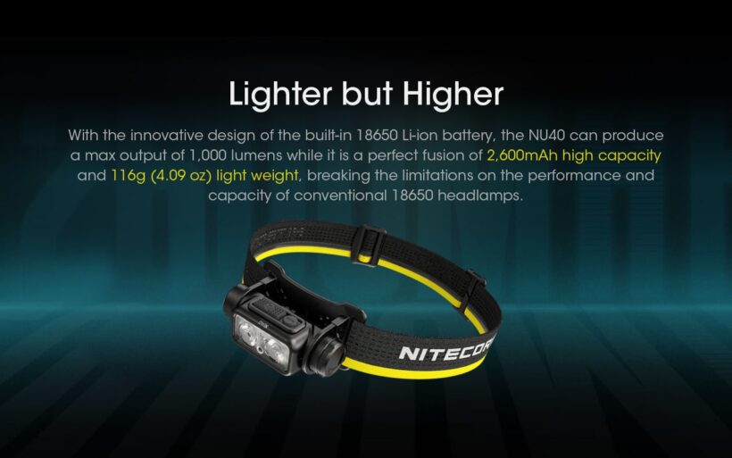 Nitecore NU40 Headlamp – 1,000 Lumens, 100 Meter Beam Distance, 120 Hour Runtime