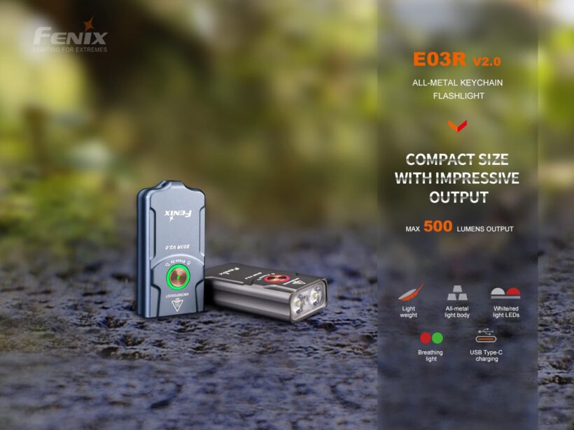 Fenix E03R V2.0 Keychain Flashlight - 500 Lumens, 90 Meter Beam Distance
