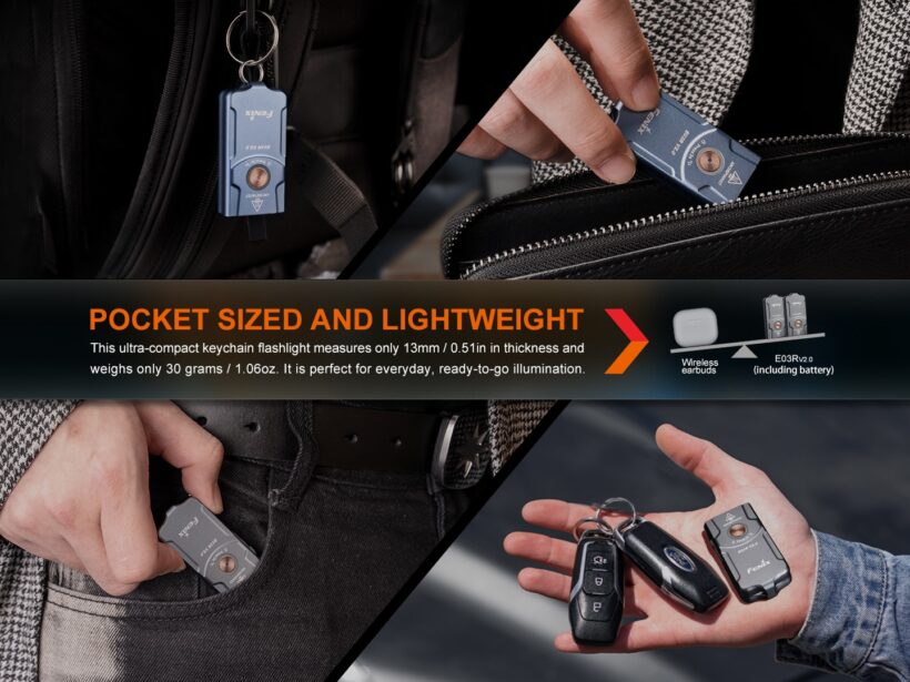 Fenix E03R V2.0 Keychain Flashlight – 500 Lumens, 90 Meter Beam Distance