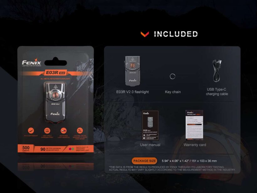 Fenix E03R V2.0 Keychain Flashlight – 500 Lumens, 90 Meter Beam Distance
