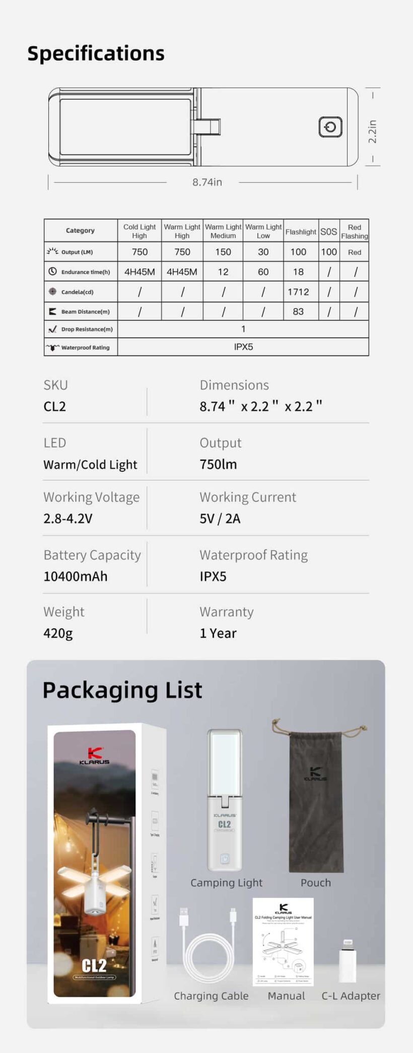 Klarus CL2 Camping Lantern – 750 Lumens, Rechargeable, and Waterproof