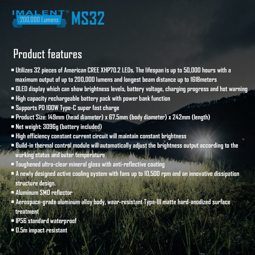 Imalent MS32 Flashlight – 200,000 Lumens, 1618 Meter Throw