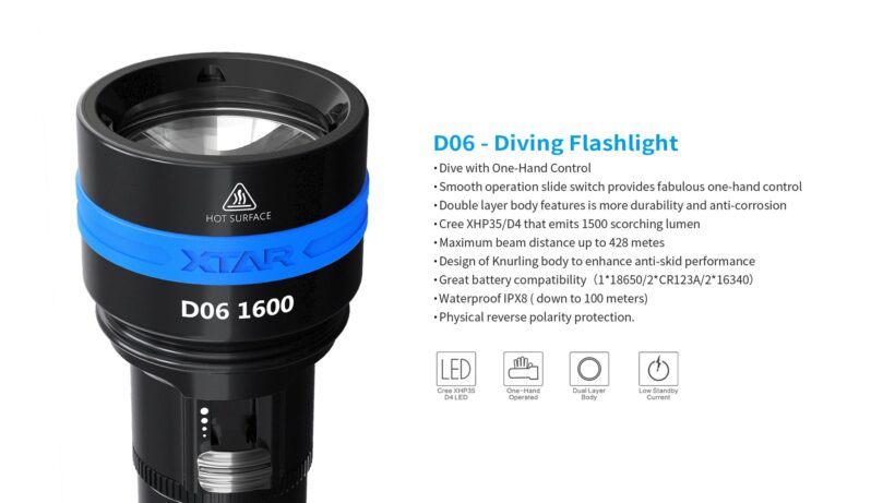 Xtar D06 Dive Light – 1600 Lumens, 430 Meter Throw, 100 Meter Waterproof