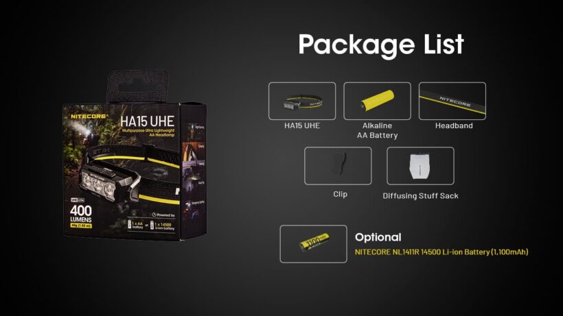 Nitecore HA15 UHE – 400 Lumens – 80M Beam Distance Lightweight Dual-Power Headlamp