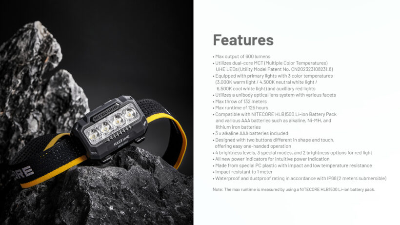 Nitecore HA23 UHE – 600 Lumens Lightweight Multi-Color Headlamp with 132-Meter Beam Distance