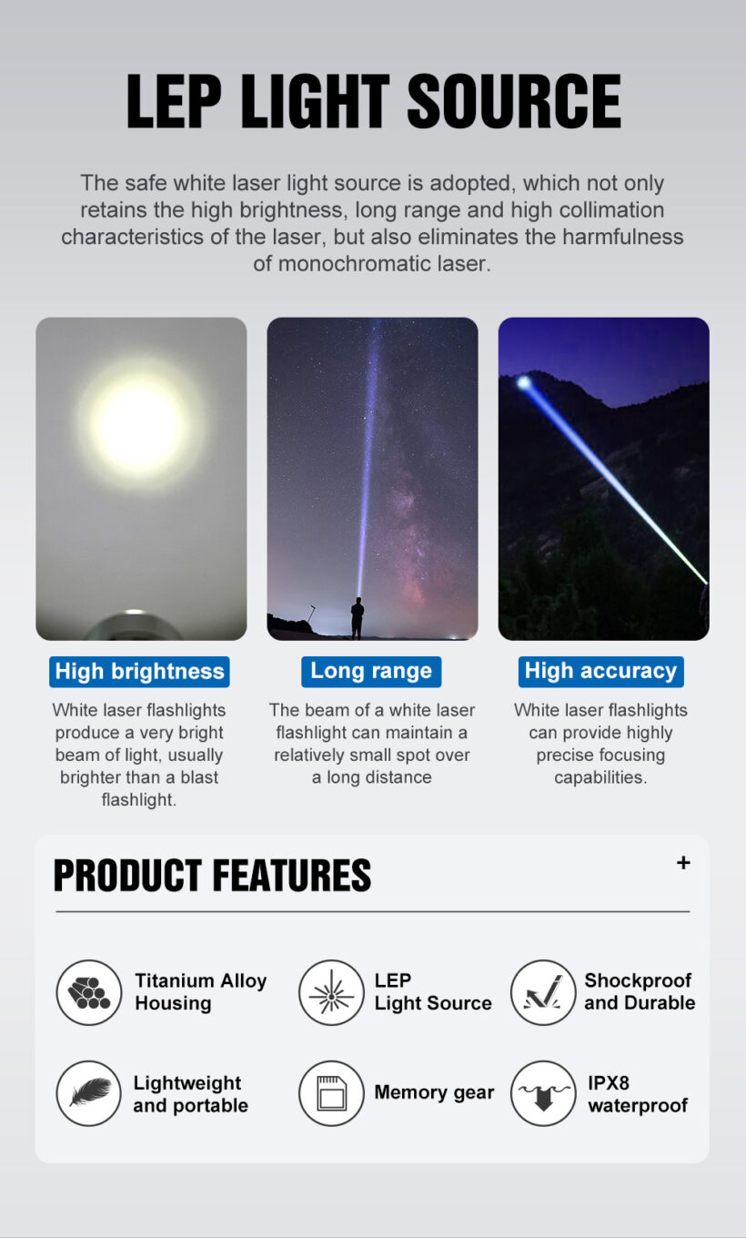 VastLite BOW Titanium LEP Flashlight – 280 Lumens, 750 Meter Beam Distance (Glow Stick on Side)