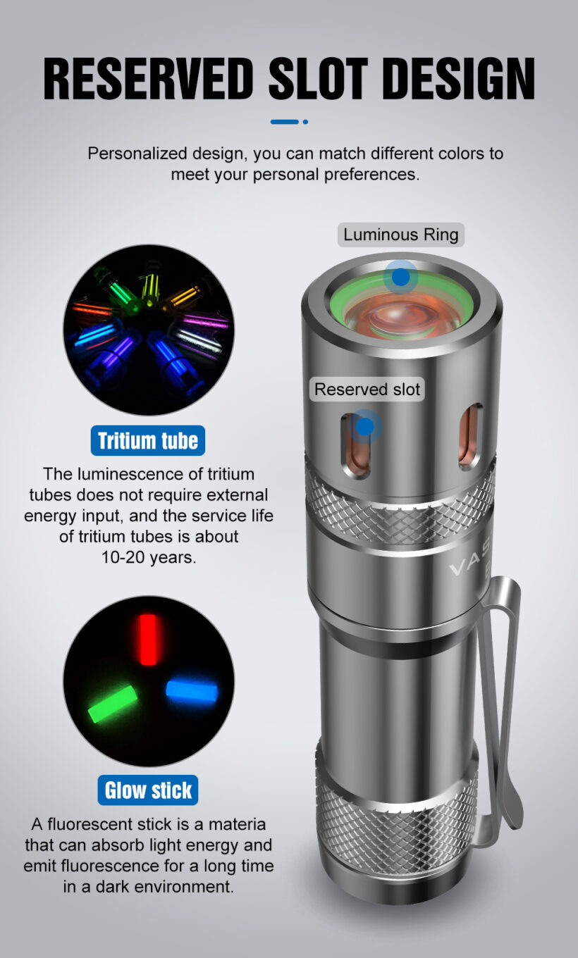 VastLite BOW Titanium LEP Flashlight – 280 Lumens, 750 Meter Beam Distance (Glow Stick on Side)