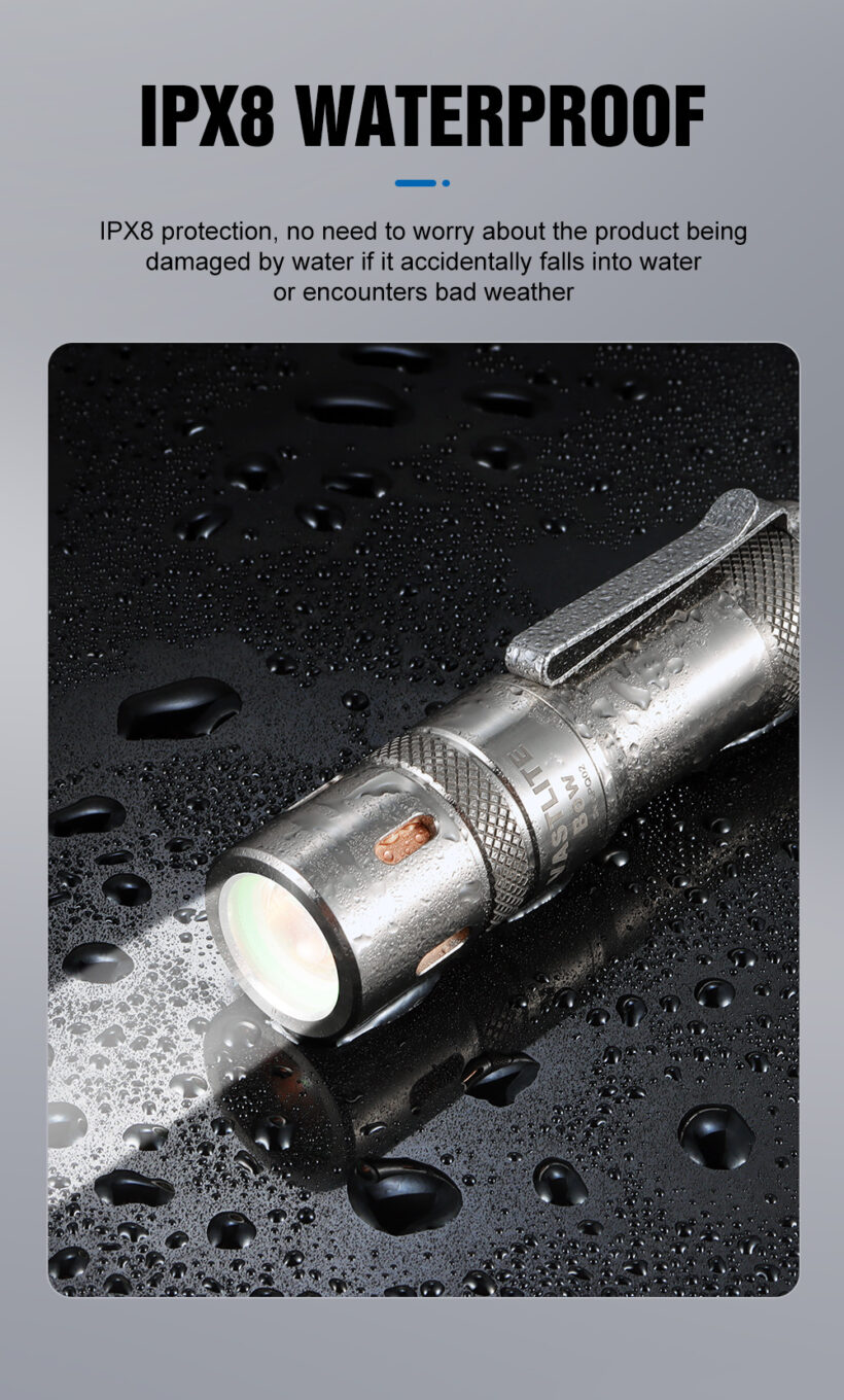 VastLite BOW Titanium LEP Flashlight – 280 Lumens, 750 Meter Beam Distance (Glow Stick on Side)