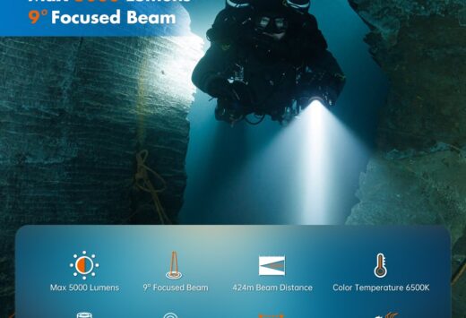 OrcaTorch D920 – 5000 Lumens Dive Light with 424-Meter Beam Distance and 150m Depth Rating