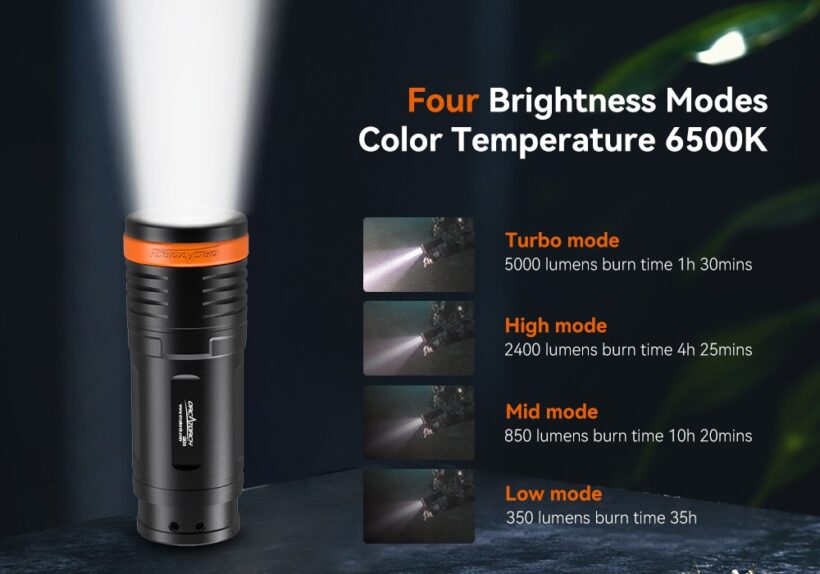 OrcaTorch D920 – 5000 Lumens Dive Light with 424-Meter Beam Distance and 150m Depth Rating