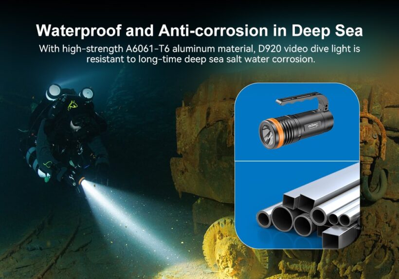 OrcaTorch D920 – 5000 Lumens Dive Light with 424-Meter Beam Distance and 150m Depth Rating