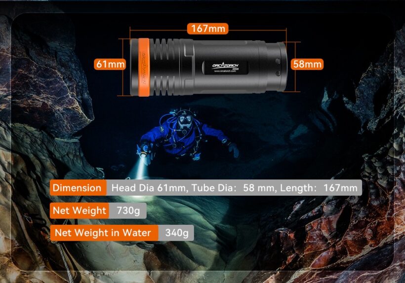 OrcaTorch D920 – 5000 Lumens Dive Light with 424-Meter Beam Distance and 150m Depth Rating
