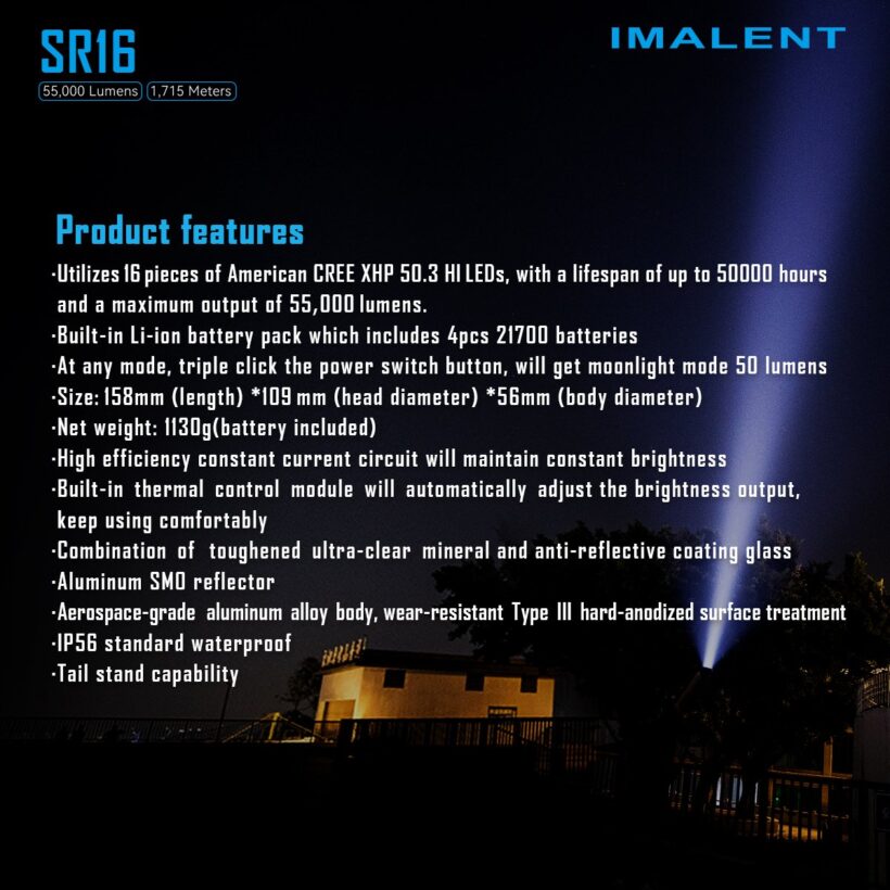 Imalent SR16 – 55,000 Lumen Searchlight | 1715m Throw | 16 × XHP50.3 HI LEDs