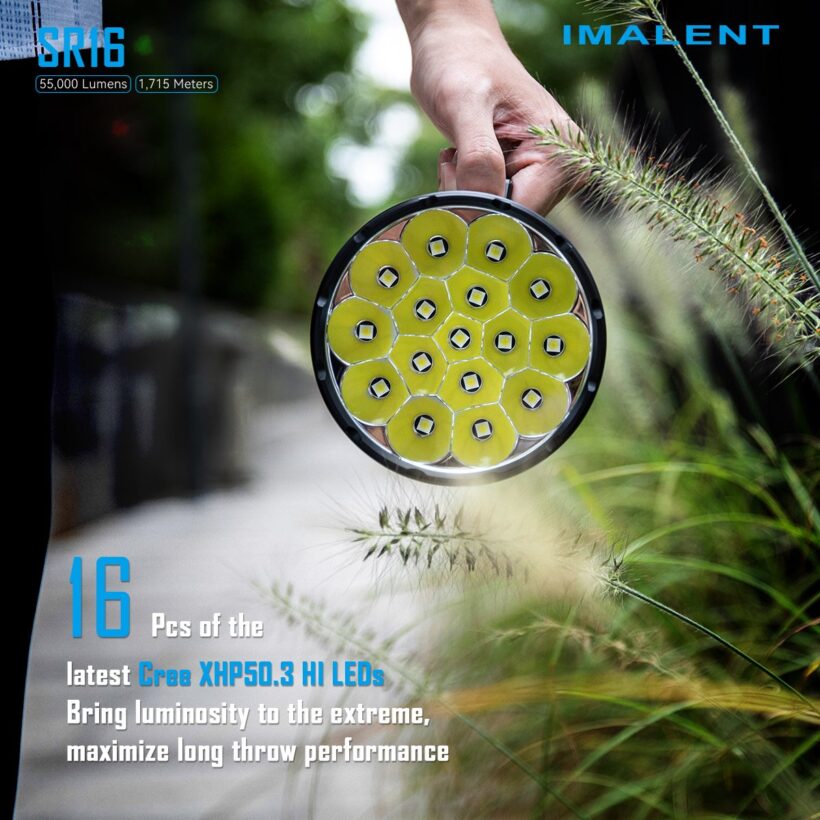 Imalent SR16 – 55,000 Lumen Searchlight | 1715m Throw | 16 × XHP50.3 HI LEDs
